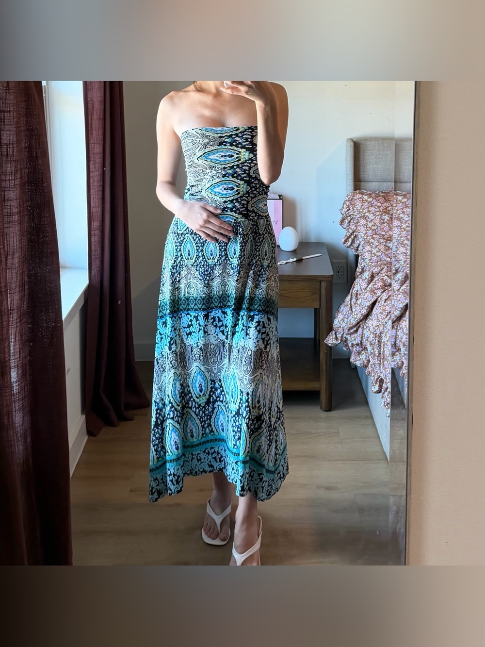 Strapless Teal Paisley Midi Dress